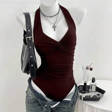 Yunuo Menswear  Body de mujer con cuello en V y nudo delantero, minimalista y sexy, para primavera/verano - Blanco - Ver 2