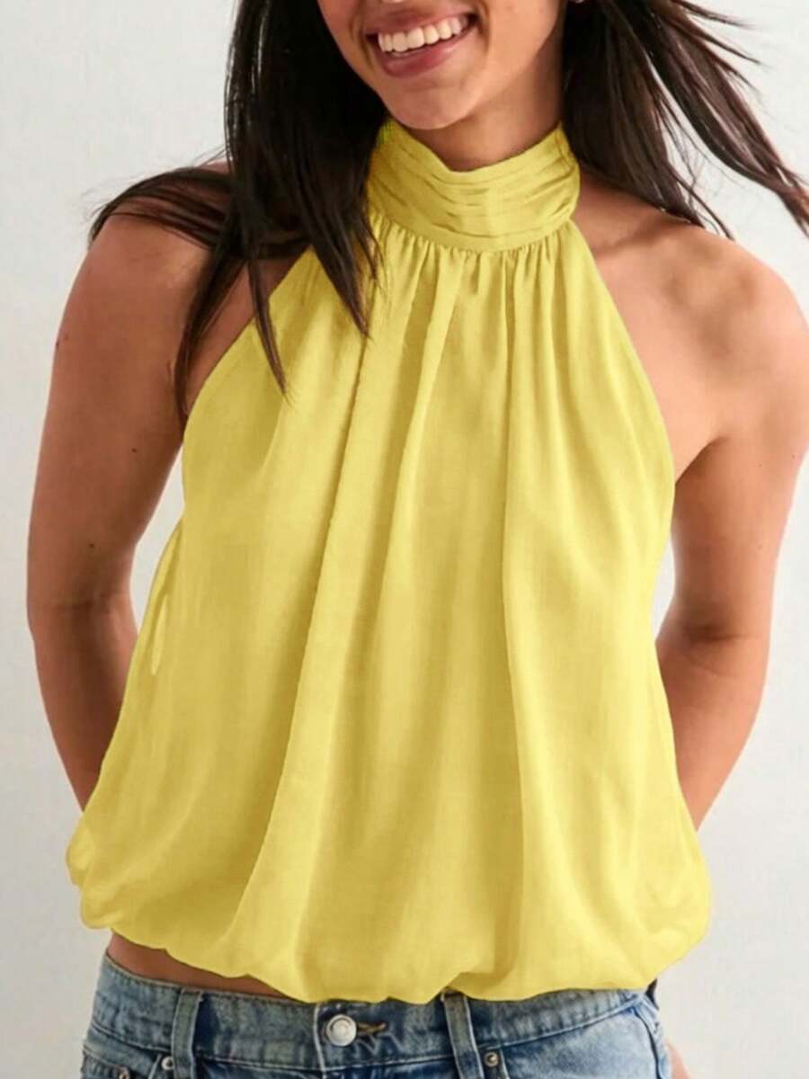 Women Cute Puffy Halterneck Top Sleeveless Open Back Tank Tops Fashion Button Neck Crop Tops Summer Y2K Loose Vest For Club Party Streetwear Going Out Outfit - Màu vàng - Xem 1