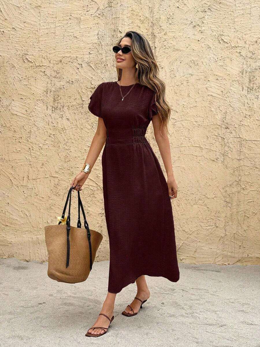 Vestido de manga corta con cuello redondo a rayas, cintura ceñida y largo medio para mujer - Burdeos - Ver 1