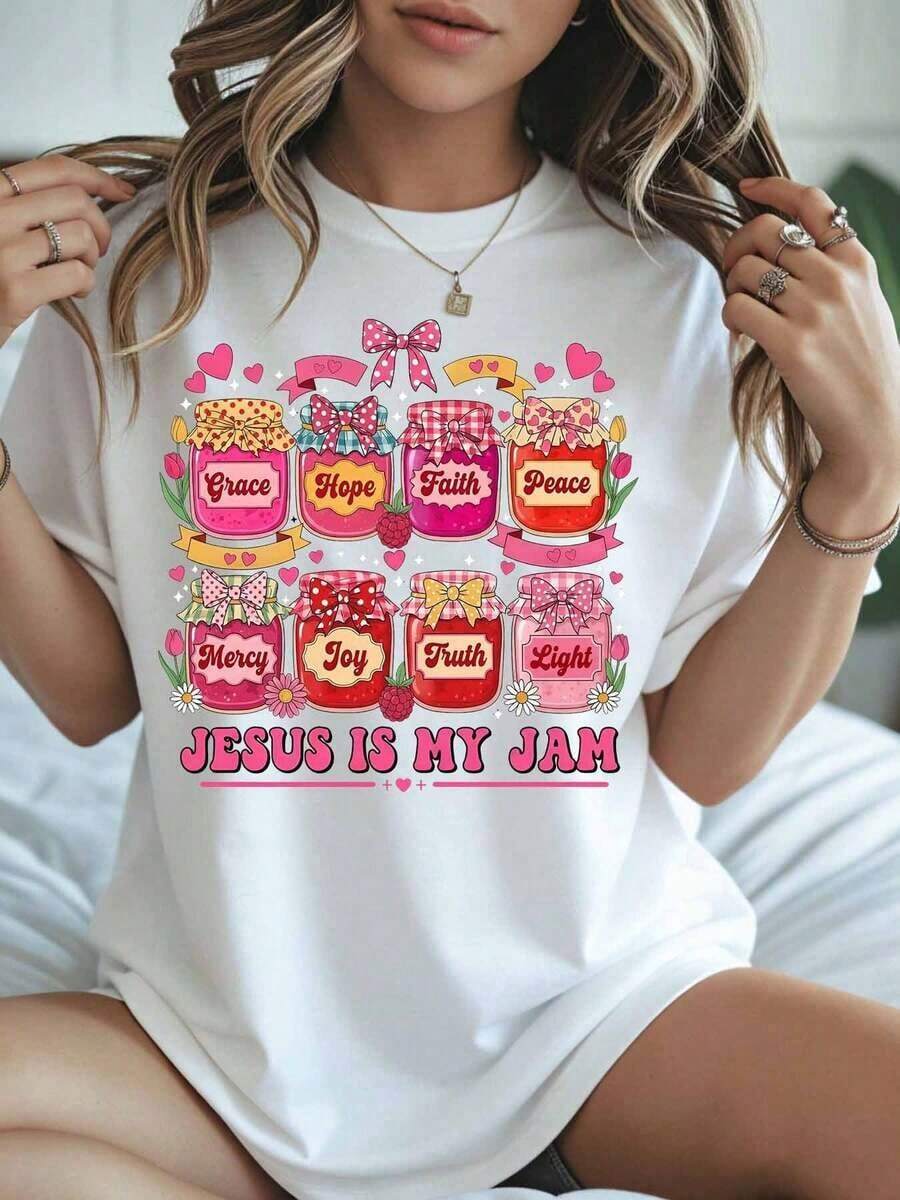Christian T-Shirt "Jesus Is My Jam" With A Design Of A Jar Of Faith, Hope, Grace, Peace, Mercy, Joy, Truth, And Light For Women. Religious Gift For Christmas, Easter, And Everyday Wear. Cotton T-Shirt. - 白色 - 查看 1