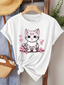 Elegant Women's Short-Sleeved T-Shirt With A Cute Cat And Cherry Blossom Print | Vintage Style, Round Neck, Medium-Stretch Fabric, Comfortable And Breathable, Ideal For Spring, Summer, And Autumn, Available In Sizes S-XL - 白色 - 查看 6