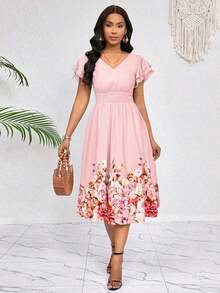 MEXSHEIN Lady Vestido midi con volantes y estampado de leopardo, falda plisada con cinturón. Vestido casual elegante para fiestas, eventos, oficina y vacaciones. Vestido de verano informal para mujer.MEX BE0X - Rosa 2 - Ver 3