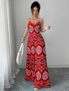 Vestido casual de vacaciones con estampado retro Perris para mujer - Rojo - Ver 7