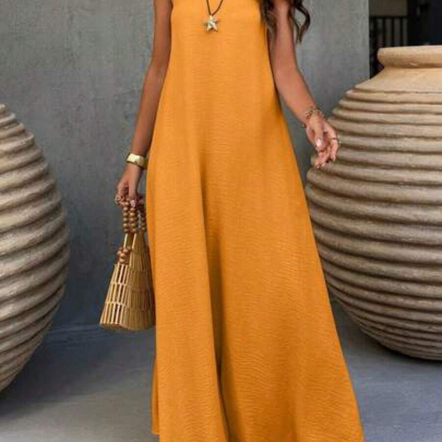 . . Vestido estilo bohemio vintage con espalda descubierta y corte evasé, de elegante color albaricoque, adecuado para el Día de San Valentín, la playa y las vacaciones de verano - Mostaza Amarilla - Ver 1