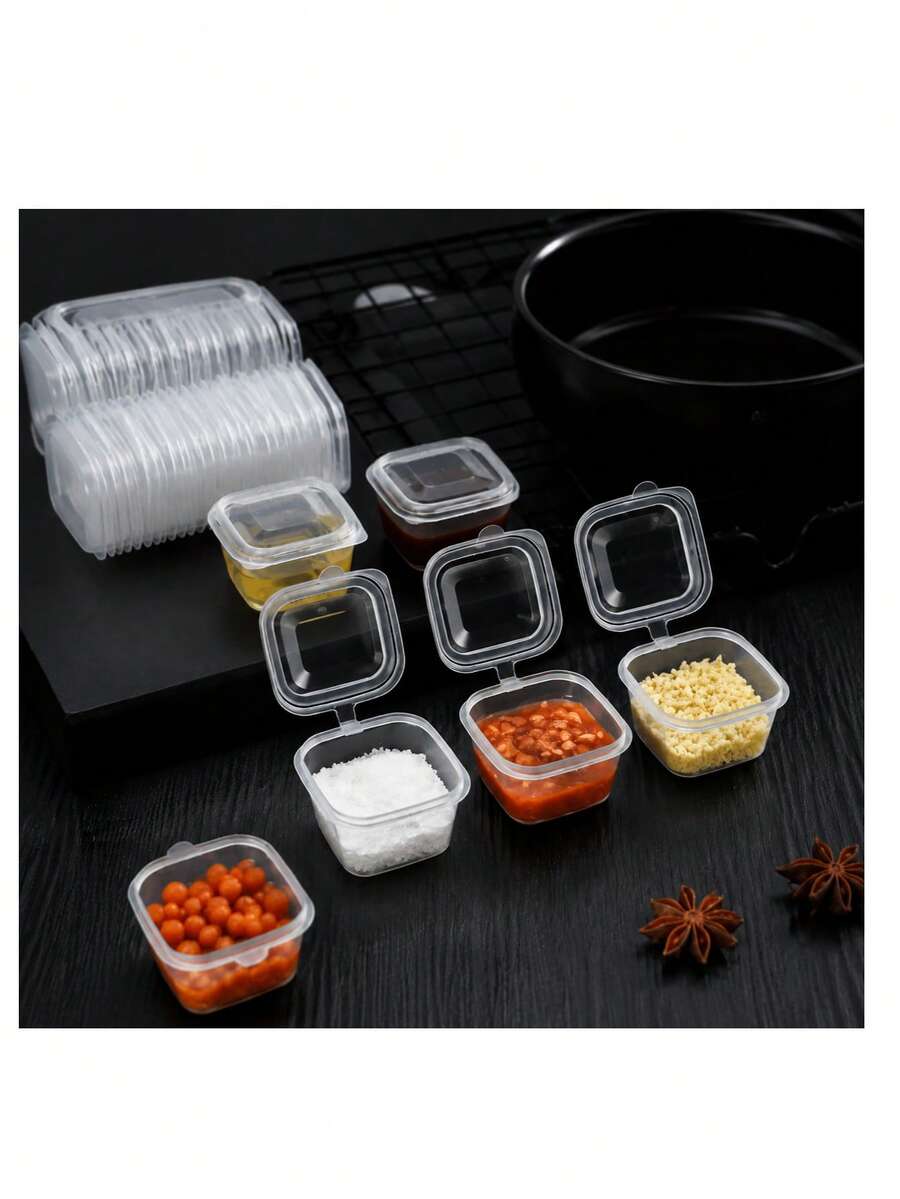 方形防漏醬料杯，PP材質，附翻蓋蓋，適用於盛裝各式醬料、食物試吃樣品及存放手工藝品，適合旅行與外帶醬料容器 - 彩色 - 查看 1