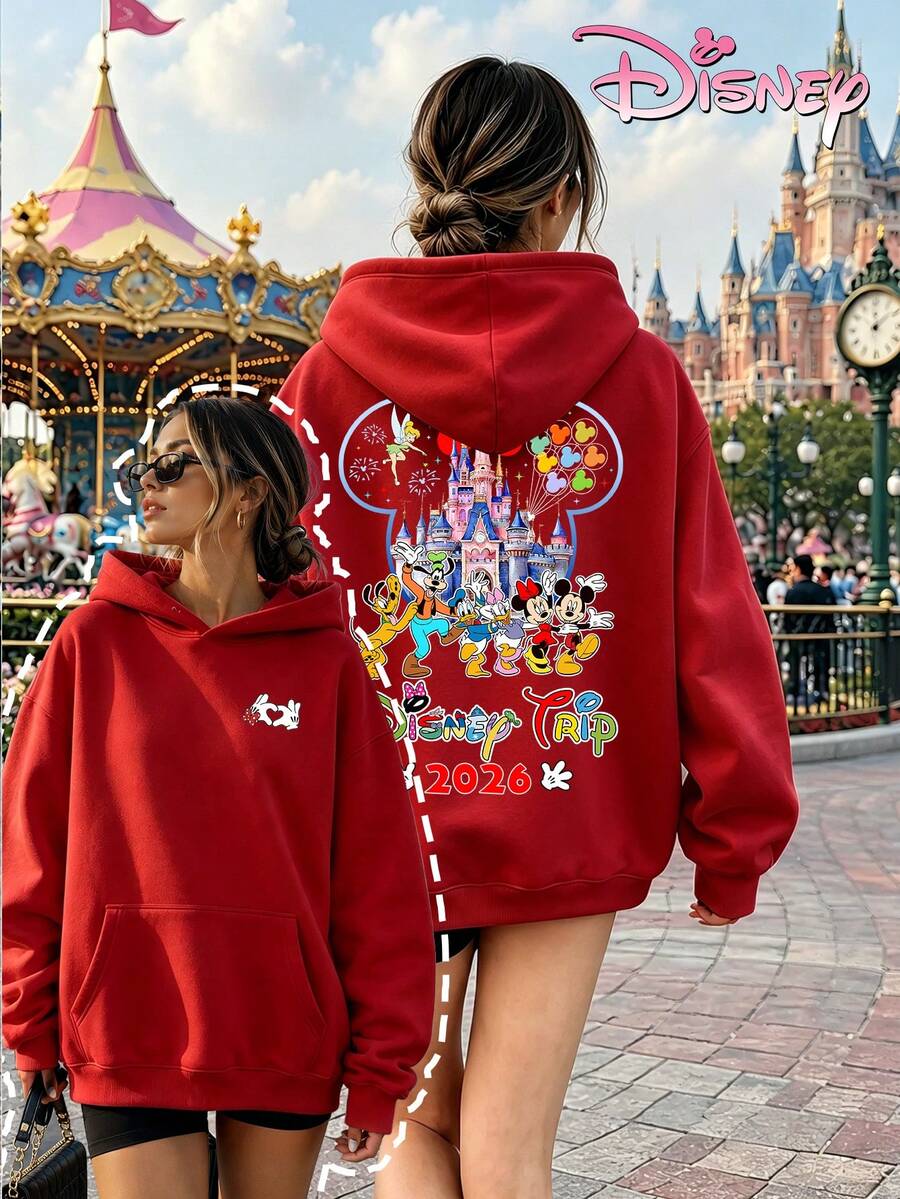 Disney Women's Loose-Fitting Hooded Sweatshirt With Castle And Mickey Mouse Family Print Design On The Front And Back. 2026 Travel-Themed Style, Casual, Comfortable, And Versatile, Suitable For Amusement Parks And Outings. - 紅色 - 查看 1