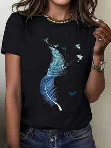 Women's Casual Printed T-Shirt, Round Neck, Feather And Bird Design In Blue, Artistic Pattern, Machine Washable, Comfortable And Breathable, Sizes S-3XL, A Perfect Gift For Birthdays And Special Occasions, 100% Cotton, Durable. - 黑色 - View 1
