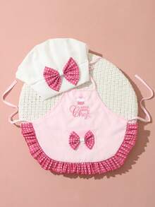嬰兒粉紅色刺繡主廚攝影服裝 小主廚套裝 白色主廚帽圍裙組 中性嬰兒拍照道具 - 玫紅波點 - 查看 2