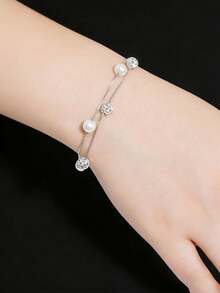1 chiếc vòng tay hai lớp sang trọng bằng bạc S925 đính đá Zirconia và ngọc trai, trang sức thanh lịch, tinh tế, dành cho phái nữ, thích hợp cho các bữa tiệc, trang phục thường ngày, món quà tuyệt vời. - ngọc trai - Xem 6