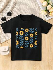 Camiseta casual en algodón con stampa di girasoli, 100% cotone, girocollo, vestibilità comoda, stampa artistica - Negro - Ver 2