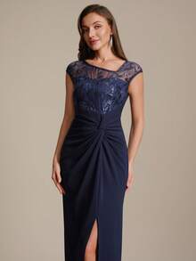 EVERPRETTY Luxurious Navy Blue Floral Sequin Sleeveless Asymmetrical Neckline Long Sparkling Formal Evening Gown, Suitable For Parties, Proms, Banquets, Cocktail Parties And Semi-Formal Occasions - Navy Blue - View 6