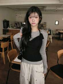 韓系小眾設計掛脖露背長袖T恤，女款分層修身兩件套，夏季優雅 - 灰色 - 查看 6
