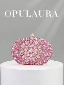 OpulAura 1件装粉色奢华闪亮水晶水钻迷你盒式手拿包，优雅闪亮钻石晚宴包，时尚派对/婚礼/正式场合手提包，带链条 - 粉色 - 查看 1