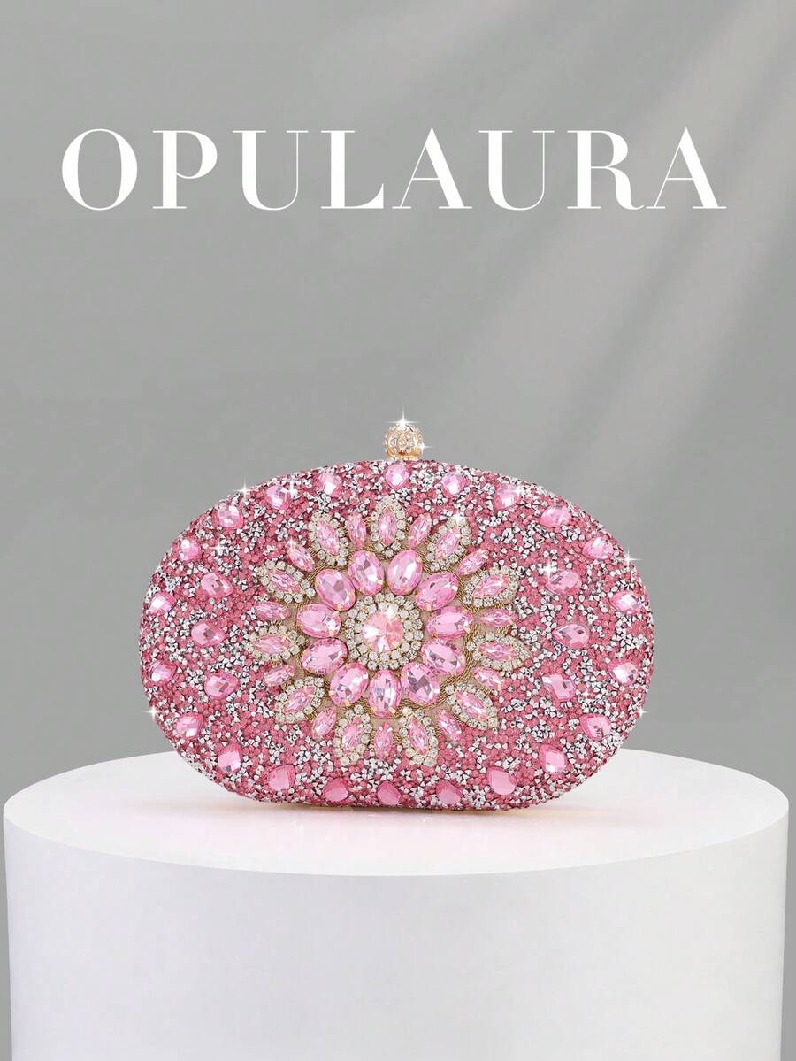 OpulAura 1件装粉色奢华闪亮水晶水钻迷你盒式手拿包,优雅闪亮钻石晚宴包,时尚派对/婚礼/正式场合手提包,带链条 - 粉色 - 查看 1