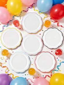 12pcs/24pcs 7 Inch Scalloped Paper Plates, White Plates With Colorful Rim (Purple/Yellow/Pink/Black/Blue/Red), Scalloped Edge Dessert Plates For Party, Wedding, Birthday, Baby-Shower Men Women - Multicolor - View 4