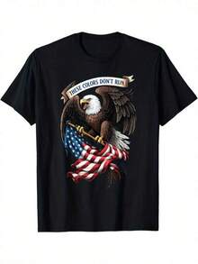 Camiseta con águila patriótica y bandera estadounidense - Diseño "Estos colores no se rinden", algodón negro, cuello redondo casual para hombres y mujeres, perfecta para el 4 de julio, Día del Recuerdo y actividades al aire libre, ropa de exterior |   Diseño patriótico |   Tejido duradero, camiseta de águila - Negro - Ver 1