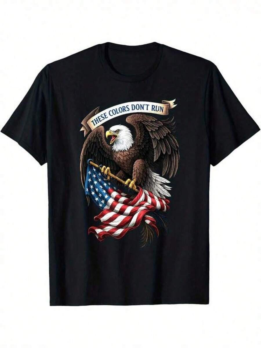 Camiseta con águila patriótica y bandera estadounidense - Diseño "Estos colores no se rinden", algodón negro, cuello redondo casual para hombres y mujeres, perfecta para el 4 de julio, Día del Recuerdo y actividades al aire libre, ropa de exterior |   Diseño patriótico |   Tejido duradero, camiseta de águila - Negro - Ver 1