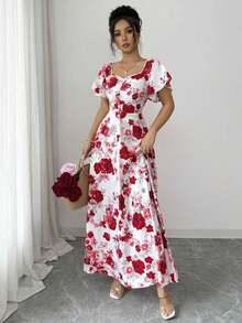 Elenzya Vestido de línea A con volantes en las mangas, fruncido en el frente y estampado floral de rosas, elegante y casual, ideal para vacaciones, viajes, citas, moda francesa y estilo retro, versátil para primavera y verano, de manga corta y largo maxi, en rojo, blanco y multicolor - Multicolor 3 - Ver 6