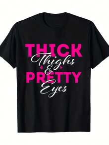 Beautiful Blouses For Women, 's T-Shirt, Adorned With Striking Pink Letter Prints On The Thigh And Eyes, Casual Short Sleeve Round Neck Top, Thick Print Design To The Thigh, Machine Washable For Daily Summer Wear, Showing A Personalized Fashion Style, Prom Dresses. - 黑色 - 查看 1