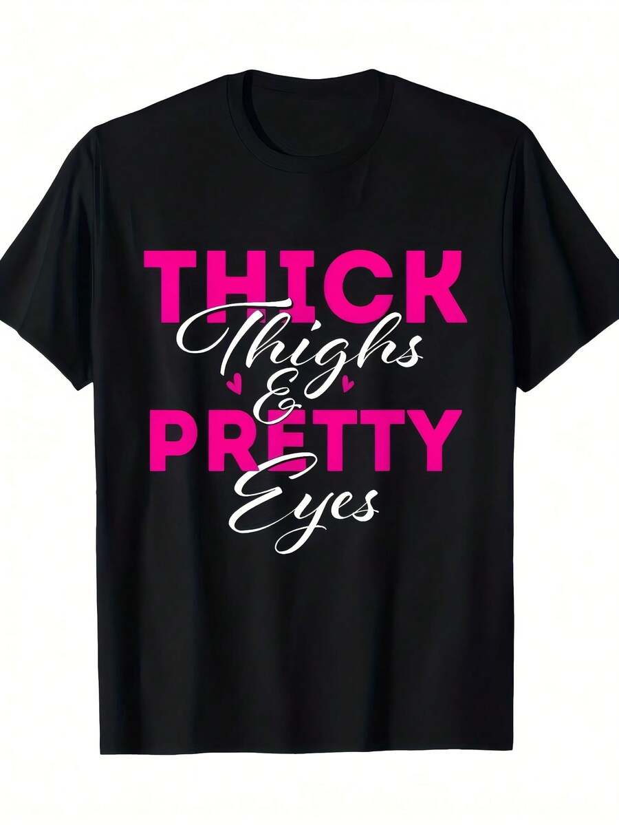 Beautiful Blouses For Women, 's T-Shirt, Adorned With Striking Pink Letter Prints On The Thigh And Eyes, Casual Short Sleeve Round Neck Top, Thick Print Design To The Thigh, Machine Washable For Daily Summer Wear, Showing A Personalized Fashion Style, Prom Dresses. - 黑色 - 查看 1