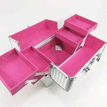 1188- Makeup Case Cosmetic Carrier Box Cosmetic Organizer Case Large Capacity Storage 25x17x17cm With Lock For Silver Strip Bottom - 銀色條紋,紅色背景 - 查看 5