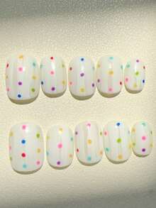 10Pcs Handmade Short Oval Press On Nails, White Base With Rainbow Polka Dots, Fresh & Vibrant Style - Multicolor - View 1