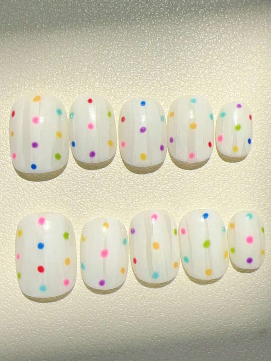 10Pcs Handmade Short Oval Press On Nails, White Base With Rainbow Polka Dots, Fresh & Vibrant Style - Multicolor - View 1