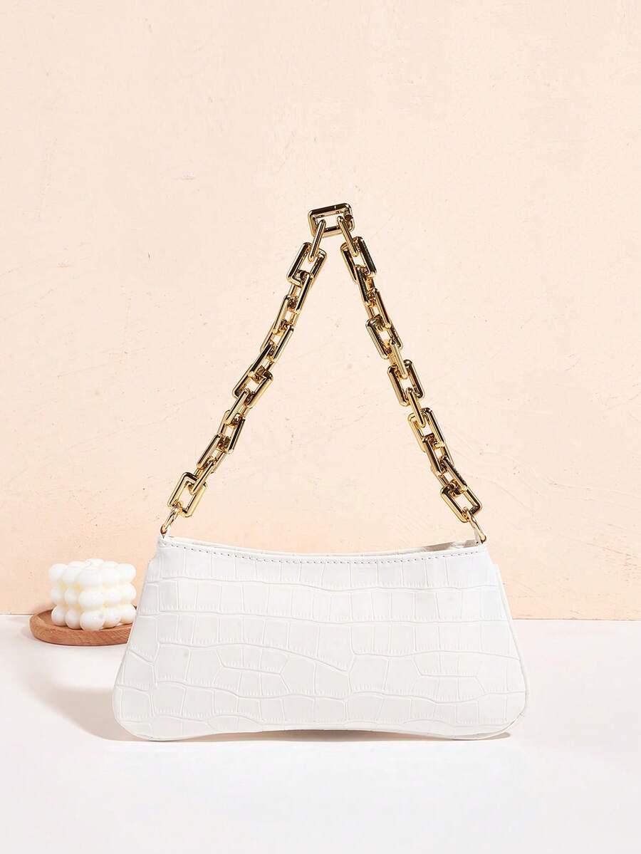 Bolso baguette con decoración de cadena dorada y estampado de piel de serpiente - Blanco - Ver 1
