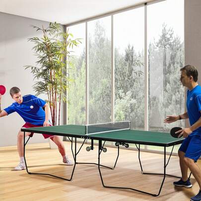 Tavolo da ping-pong da interno con ruote, tavolo da ping-pong pieghevole, set da ping-pong con 2 racchette, 3 palline, acciaio, verde