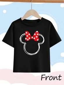 Girls' Summer Disney Minnie Mouse T-Shirt - Featuring A Classic Red Polka-Dot Bow Silhouette Design, This Pure Cotton, Casual Short-Sleeve Top Is Crafted Especially For Fans; Perfect For Everyday Wear, It Is Also The Ideal Choice For A Visit To A Theme Park. - màu đen - Xem 2