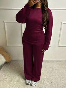 Setelan Sweatshirt dan Celana Panjang Sedang dengan Pinggang Ramping untuk Wanita, Warna Abu-abu. - Burgundy - View 2
