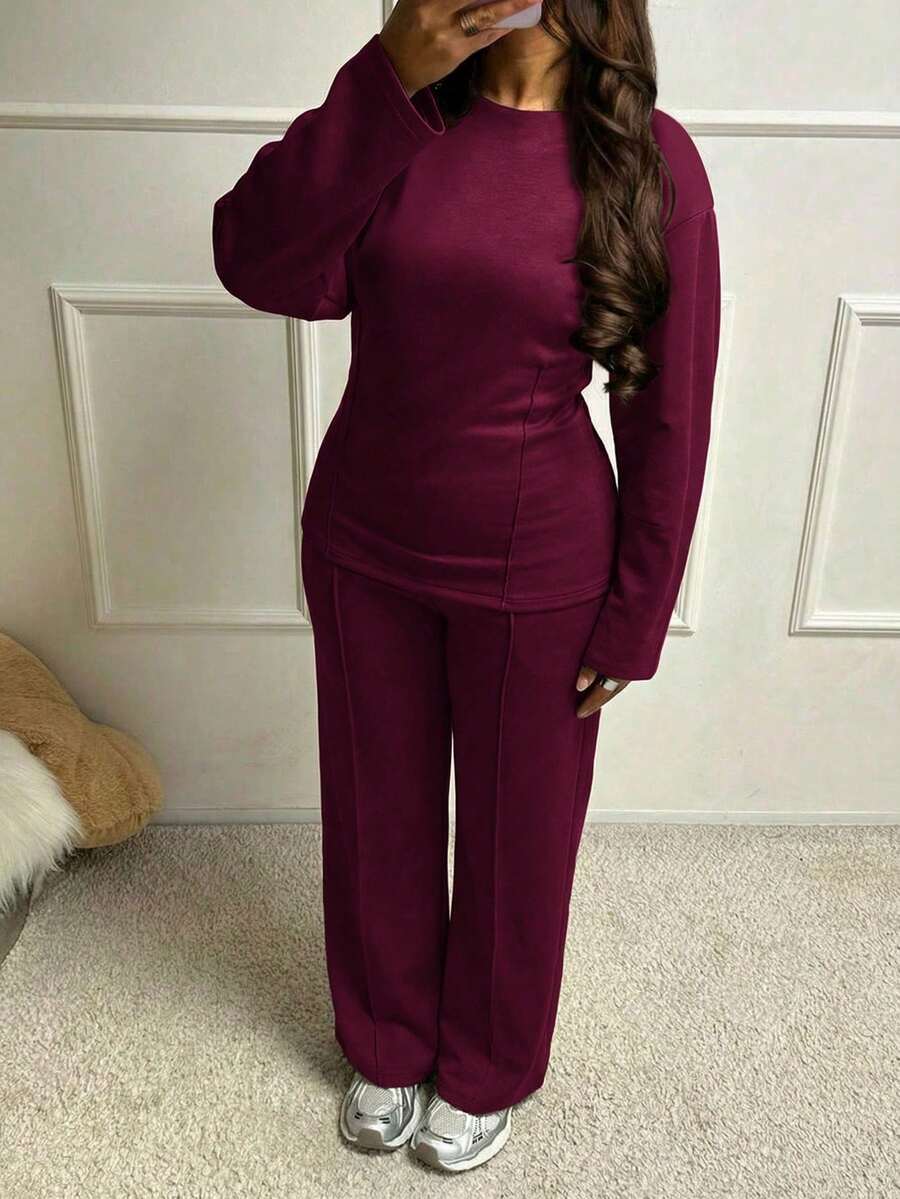 Setelan Sweatshirt dan Celana Panjang Sedang dengan Pinggang Ramping untuk Wanita, Warna Abu-abu.