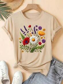 Hottest Summer T-Shirt : Pure Cotton Graphic Tee For Women, Daisy Print, Floral Lavender Spring Flower, Loose Fit, Round Neck, Short Sleeves, Everyday Wear, Day And Night, Stylish, Pure Cotton Tee. A Stylish And Popular Party Tee - 杏色 - 查看 5