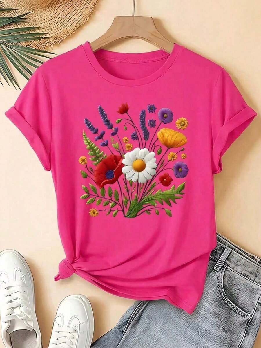 Hottest Summer T-Shirt : Pure Cotton Graphic Tee For Women, Daisy Print, Floral Lavender Spring Flower, Loose Fit, Round Neck, Short Sleeves, Everyday Wear, Day And Night, Stylish, Pure Cotton Tee. A Stylish And Popular Party Tee - 玫紅色 - 查看 1