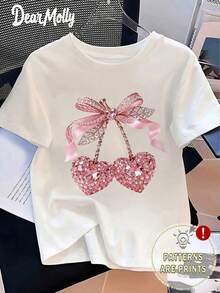 Camiseta de manga corta con estampado de cereza con rhinestones y brillo "LOVE MOLLY" para el Día de San Valentín, top de cuello redondo retro y divertido para el Día de San Valentín, regalo casual de uso diario para ella, blanco de verano - Blanco - Ver 1