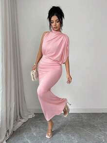 Vestido ajustado y acampanado sin mangas con cuello fruncido en color borgoña, para primavera/verano - Rosa - Ver 3