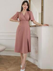 Vestido unicolor de manga farol de muslo con abertura - Rosa vieja - Ver 5