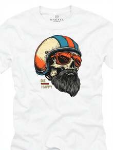Camiseta masculina estilo motociclista com estampa de caveira, capacete e barba | Motivo divertido e descontraído para motociclistas, gola redonda casual, tecido levemente elástico, modelagem regular, perfeita para todas as estações, folgada e confortável. - Branco - Ver 12