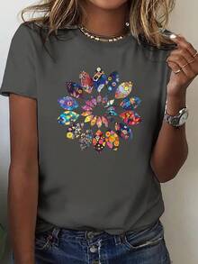 1 Women's T-Shirt With Vibrant Geometric Floral Print, Hippie Style - 100% Cotton, Comfortable Fit, Crew Neck, Machine Washable, Colorful Mandala Design, Casual Style, Suitable For All Seasons, Vacation Wear. | Geometric Floral Print T-Shirt | 180g Pure Fabric, 100% Cotton - 黑色 - 查看 8