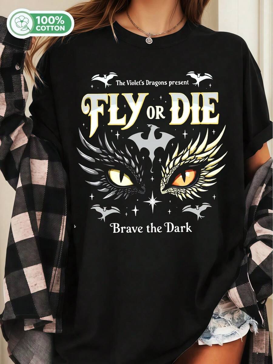 Fourth Wing Fly Or Die Violet's Dragons Cotton T-Shirt Bookish Fantasy Fan Tee - Black - View 1