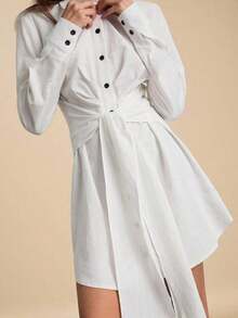 AYYEaselle Vestido camisero de mujer de manga larga, de un solo pecho, con cinturón de lazo, en color blanco tejidoAYY - Blanco - Ver 6