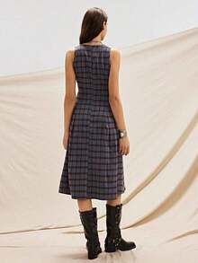 AYYEaselle Vestido de cuadros sin mangas con recogido en la cintura y silueta evasé para mujer, vestido de cuadros a media pierna, vestido de cuadros para mujer, vestidos de estilo francés para mujer, vestidos para mujer ElenzgaAYY - Multicolor - Ver 2