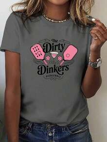 Women's T-Shirts: Pickleball Martini The Dirty Dinkers Logo Print T-Shirt - Short Sleeve, Round Neck, Casual Style, Suitable For Summer And Spring, Clothing For Pickleball Fans, Casual Wear, Loose And Comfortable Fit, Summer T-Shirts. - 黑色 - 查看 12