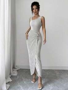 Elenzya Vestido de verano nuevo a rayas sin mangas para mujer, vestido a rayas con hebilla metálica asimétrica en el lateral, estilo europeo y americano ajustado y estilizante con hebilla asimétrica lateral y largo - Albaricoque 2 - Ver 12