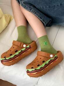 Women's Thick-Sole Sandals, Cute Cartoon Hamburger Design Breathable Slip-On Clogs, Sweet Style For Girls, Waterproof, Non-Slip, Elevated Platform, Suitable For Summer, Outdoor, Home Wear - Brown - View 4