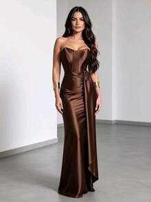 Satin Dress For Parties And Special Occasions, Strapless, Elegant - 鏽棕色 - 查看 4