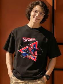 Spider Man In Action Pose Graphic T Shirt 100 Percent Cotton Mens T Shirt MARVEL  Marvel Universe  Superhero Summer Outfits Men Men's Clothes Mens Tops Streetwear Mens Gift Ideas Innerwear Or Outfits,Mens Fashion - màu đen - Xem 1