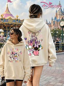 Disney Two-Piece Sweatshirt Set, Women's Loose-Fitting Hooded Sweatshirt With A Minnie Mouse Castle-Themed Print Design On The Front And Back. A Girly Style, Comfortable And Versatile For Everyday Wear, Perfect For Amusement Park Outings Or Trips With Friends. - Màu be - Xem 1