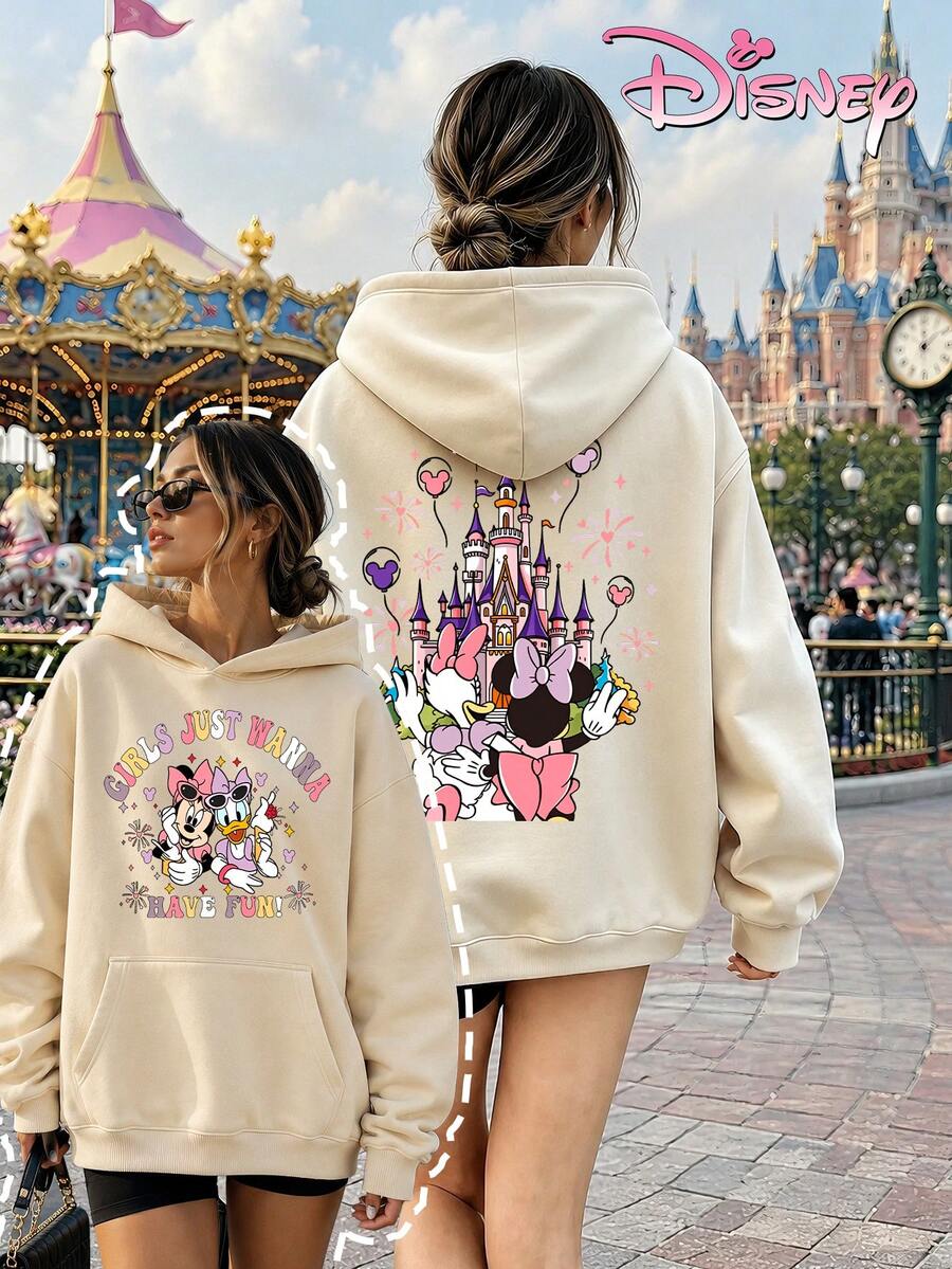 Disney Two-Piece Sweatshirt Set, Women's Loose-Fitting Hooded Sweatshirt With A Minnie Mouse Castle-Themed Print Design On The Front And Back. A Girly Style, Comfortable And Versatile For Everyday Wear, Perfect For Amusement Park Outings Or Trips With Friends. - Màu be - Xem 1