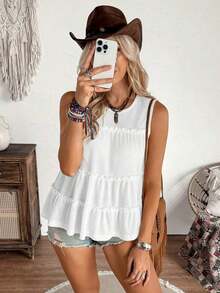 Chaleco holgado de mujer con cuello redondo y ribete de volantes en unicolor, adecuado para vacaciones, oficina, uso diario, estilo occidental, estilo bohemio, babydoll - Blanco - Ver 12